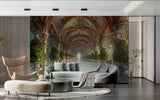 Castle gallery wallpaper creating depth in modern living room with elegant furniture