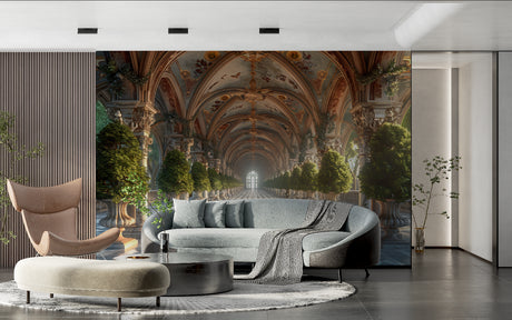 Castle gallery wallpaper creating depth in modern living room with elegant furniture