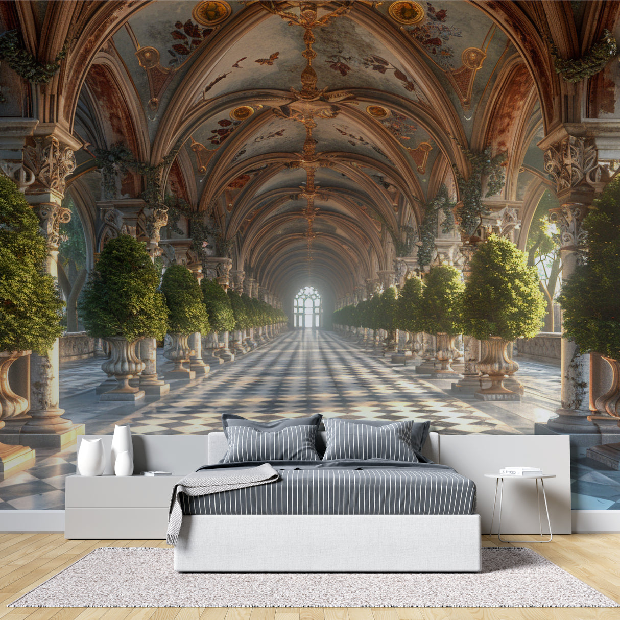 Enchanted castle corridor mural in luxury dining room setting