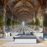 Enchanted castle corridor mural in luxury dining room setting