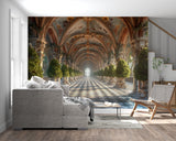 Palace gallery wallpaper transforming hallway with golden light effect