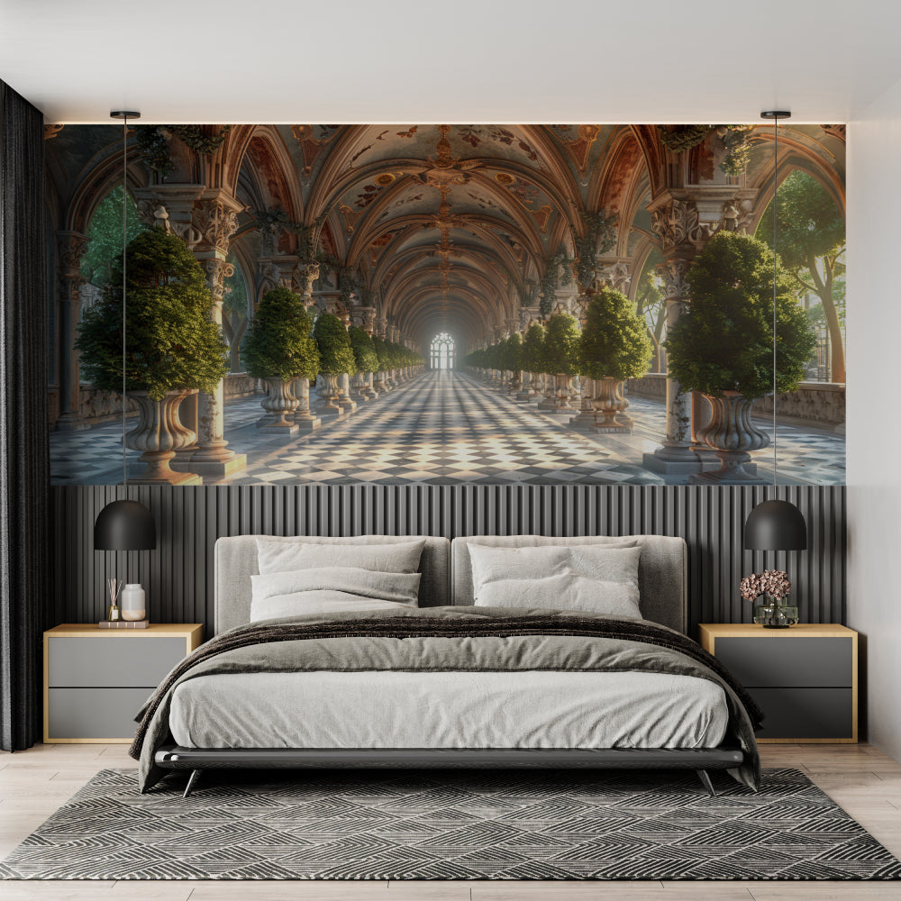Castle garden gallery mural adding grandeur to master bedroom