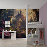 Fairy tale castle wallpaper creating wonder in a reading nook