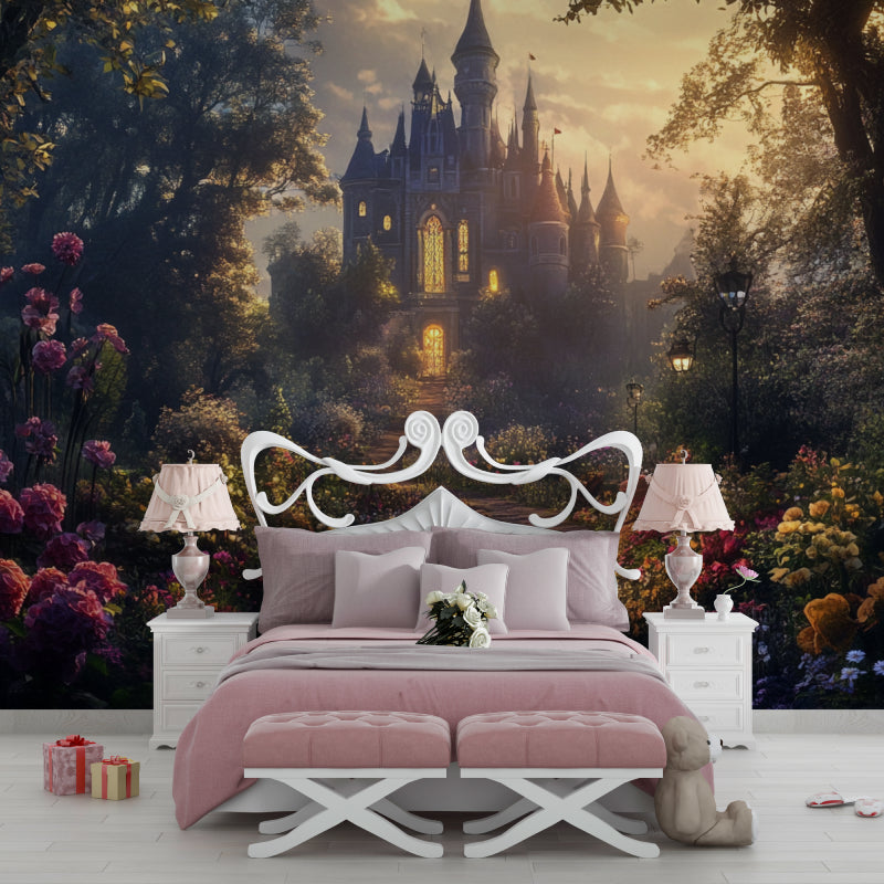 Castle garden mural adding magic to a girl's bedroom with glowing windows