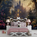 Castle garden mural adding magic to a girl's bedroom with glowing windows