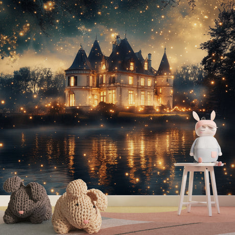 Castle Mural Wallpaper creating magic in a child's bedroom, golden stars twinkling on deep blue walls