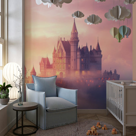 Castle mural wallpaper creating a magical atmosphere in a girl's bedroom with soft pink and gold sunset tones