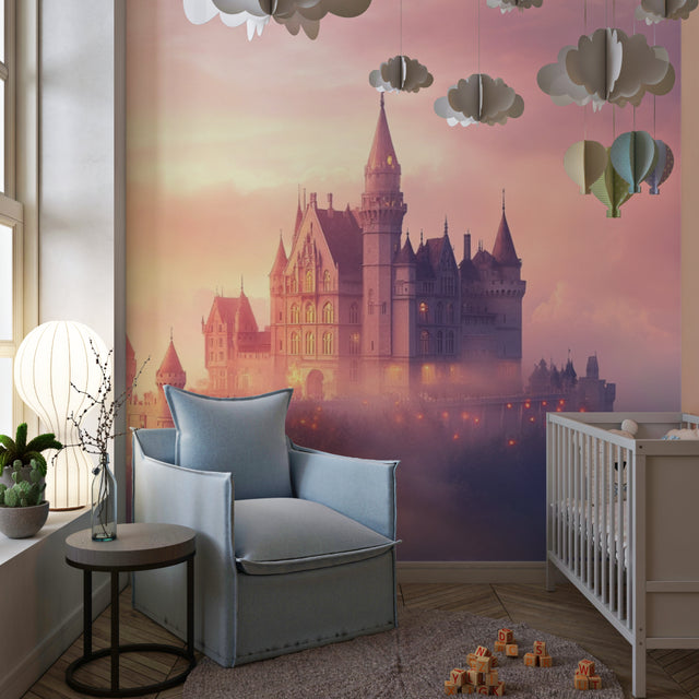 Castle mural wallpaper creating a magical atmosphere in a girl's bedroom with soft pink and gold sunset tones