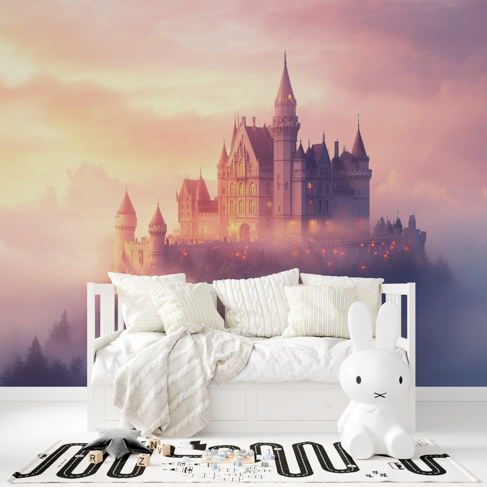 Enchanted castle wallpaper transforming a nursery with dreamy sunset colors and magical spires