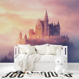 Enchanted castle wallpaper transforming a nursery with dreamy sunset colors and magical spires
