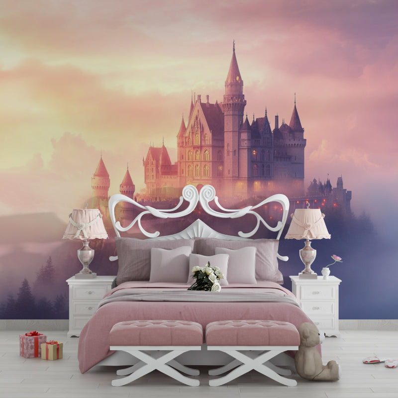Fantasy castle wall mural adding wonder to a playroom with ethereal mist and golden light