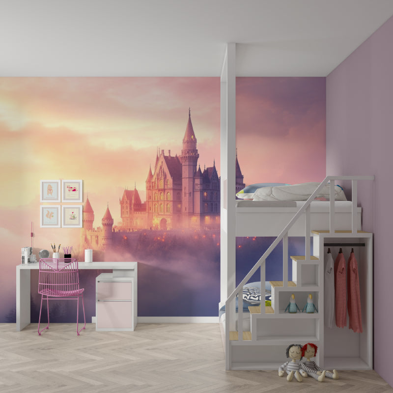 Princess castle wallpaper creating a fairytale atmosphere in a reading nook with glowing lanterns