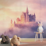 Magical castle mural showcasing gothic towers and sunset sky in a child's bedroom