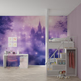 Castle wallpaper mural in cozy purple child's bedroom with reading nook and soft lighting