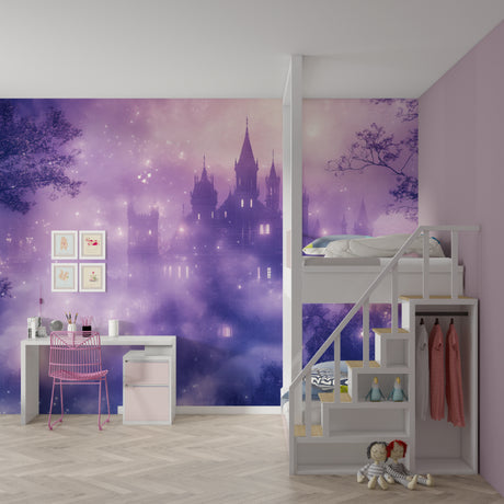 Castle wallpaper mural in cozy purple child's bedroom with reading nook and soft lighting
