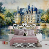 Castle wallpaper mural in elegant living room setting, French architecture design adds sophistication