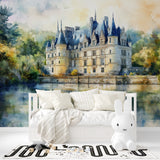 Watercolor castle mural creating focal point in master bedroom, soft color palette enhances room