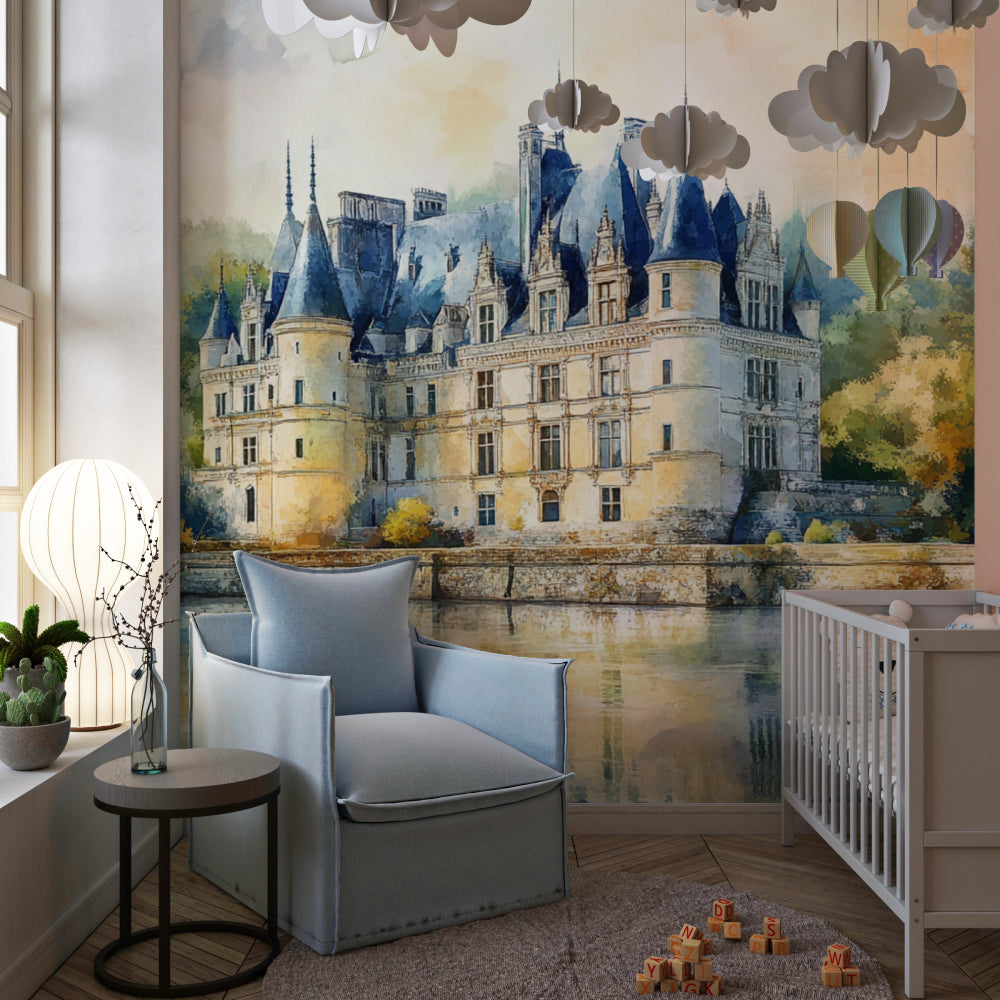 French castle wallpaper bringing charm to dining room, architectural details shine