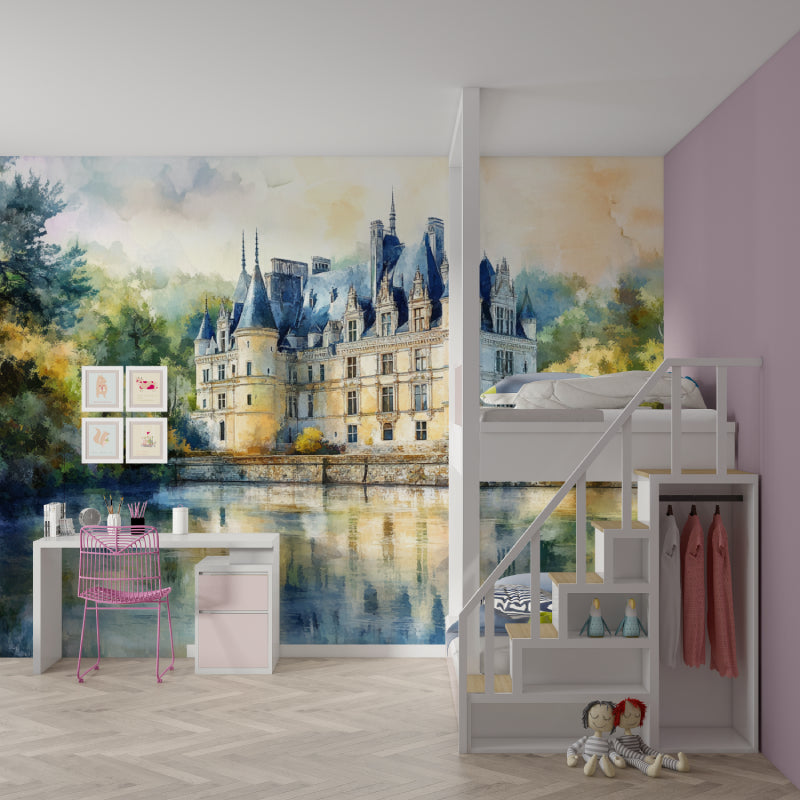 Castle wall mural transforming home office space with gentle watercolor tones