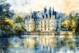 French castle wallpaper design file showing full pattern and watercolor details