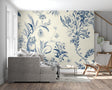 Blue floral cat wallpaper in modern living room, creating elegant atmosphere with botanical patterns