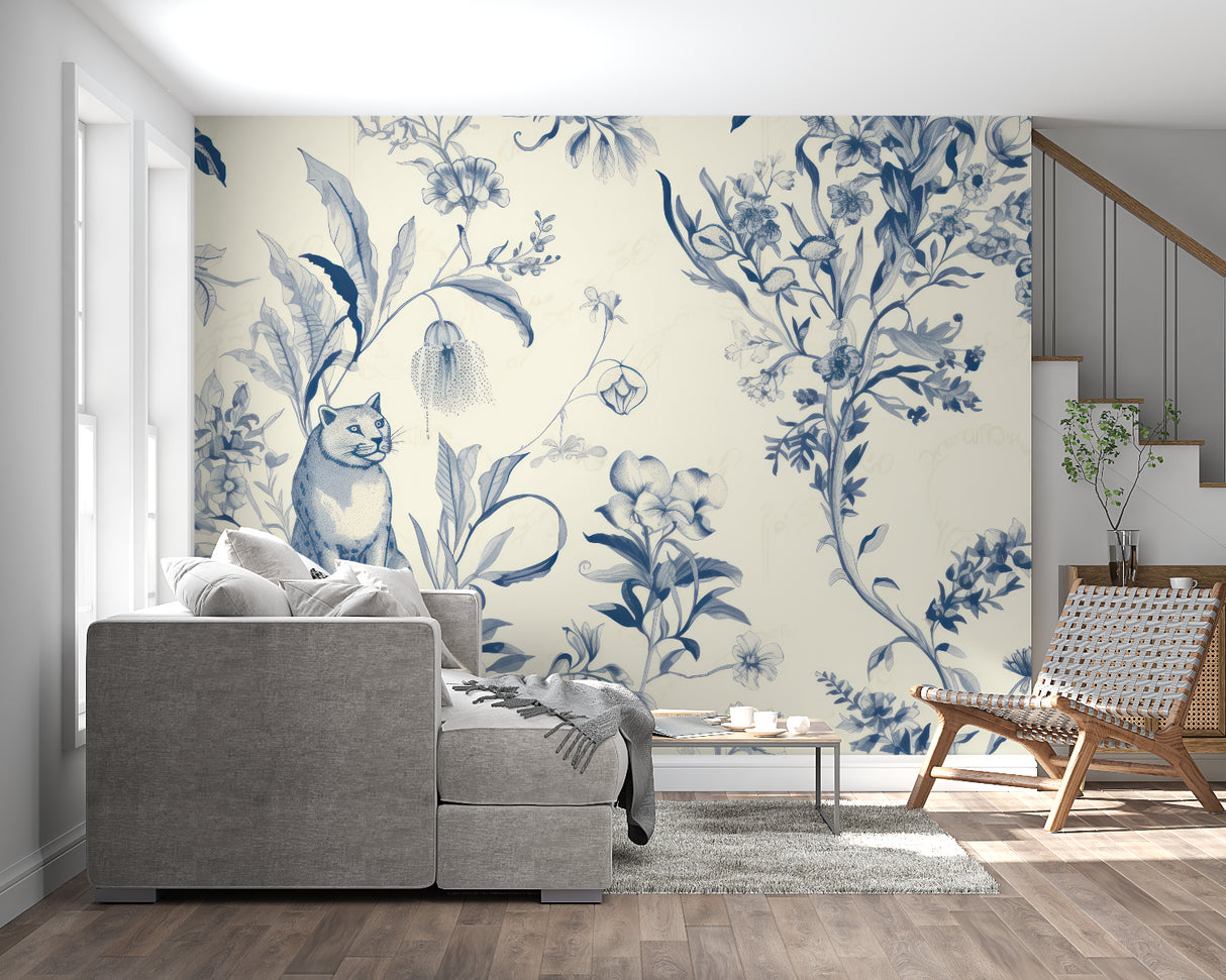 Blue floral cat wallpaper in modern living room, creating elegant atmosphere with botanical patterns