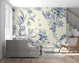 Blue floral cat wallpaper in modern living room, creating elegant atmosphere with botanical patterns