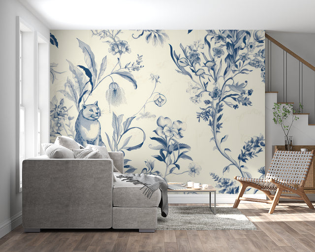 Blue floral cat wallpaper in modern living room, creating elegant atmosphere with botanical patterns