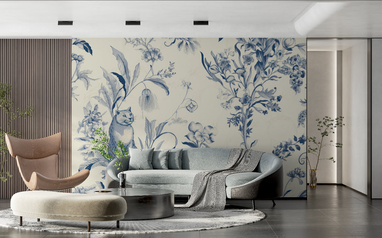 Cat and floral wallpaper displayed in cozy bedroom, showing blue and white botanical details