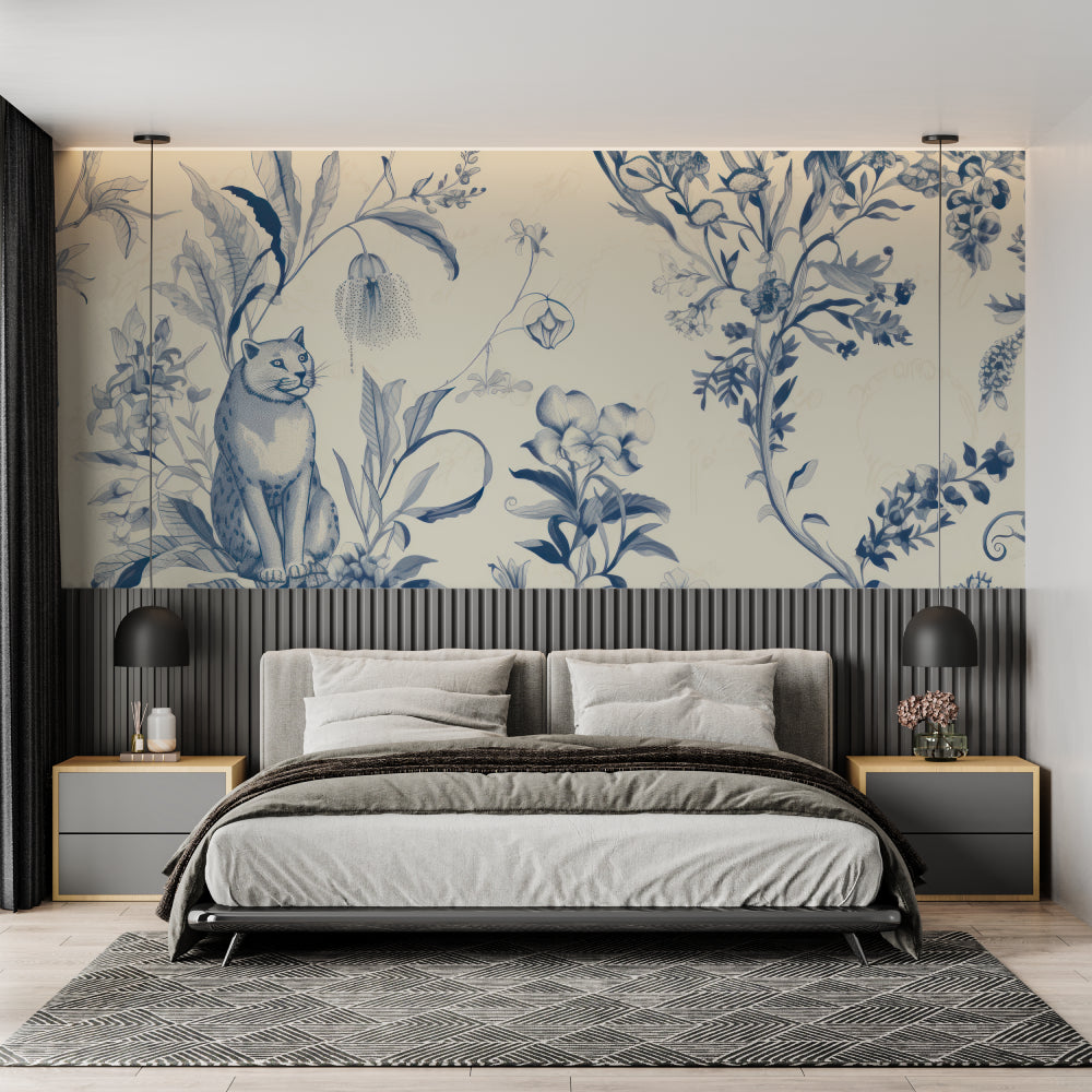 Floral cat mural creating focal point in dining room with blue and white color scheme