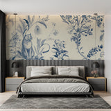 Floral cat mural creating focal point in dining room with blue and white color scheme