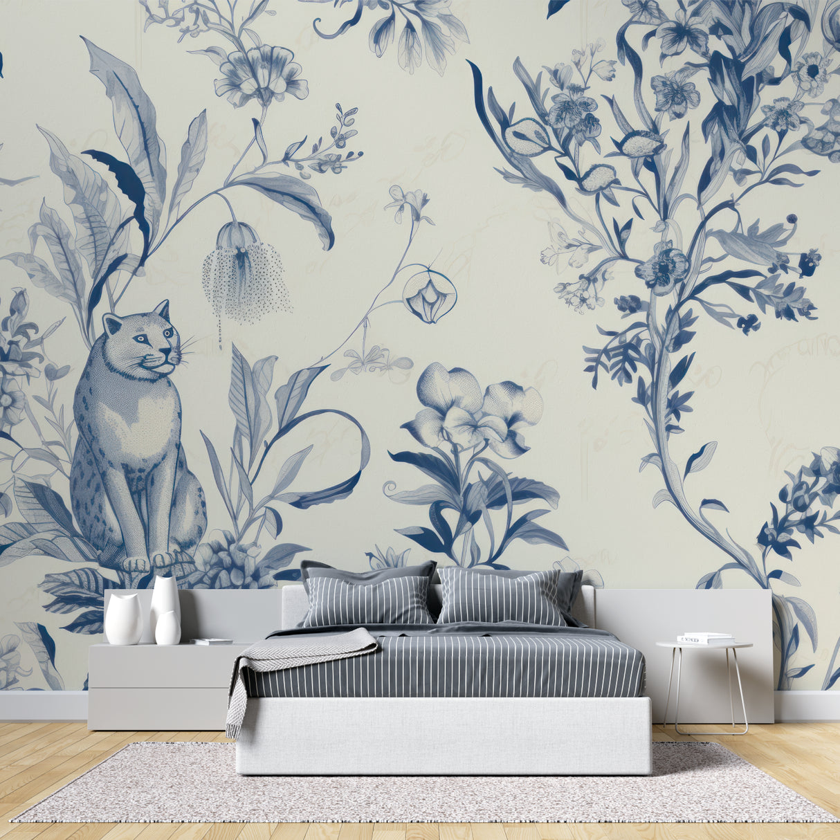 Cat botanical wallpaper brightening reading nook, showing scale and pattern detail