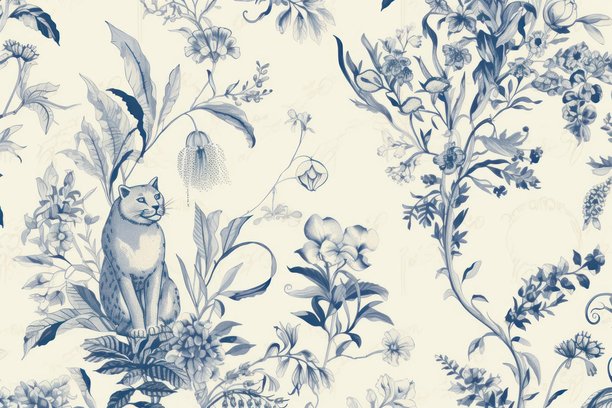 Blue and white cat floral wallpaper design file showing complete pattern and intricate details