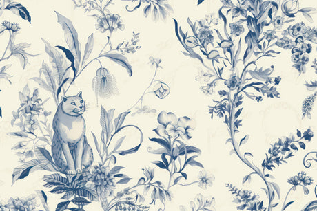 Blue and white cat floral wallpaper design file showing complete pattern and intricate details