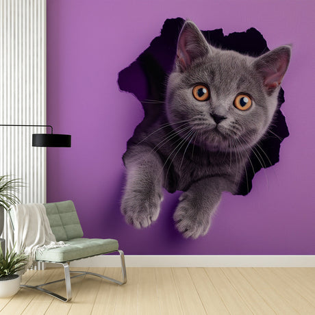 3D cat wallpaper mural displayed in modern living room, showing grey kitten breaking through purple wall