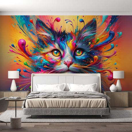 Rainbow Cat Mural Wallpaper displayed in a modern living room, showing vibrant colors and artistic abstract design