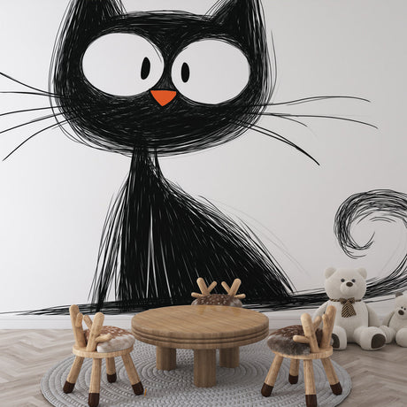 Black and white cat mural wallpaper bringing character to a modern living room with minimalist furniture