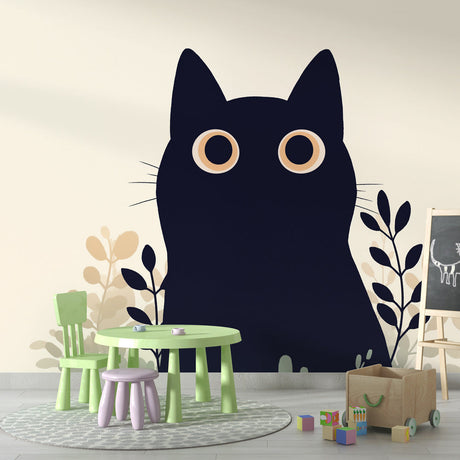 Black cat wallpaper mural styled in a modern living room, showing elegant botanical elements against beige walls