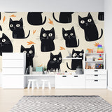 Modern Cat Wallpaper with black felines and orange leaves displayed in a bright Scandinavian living room setting