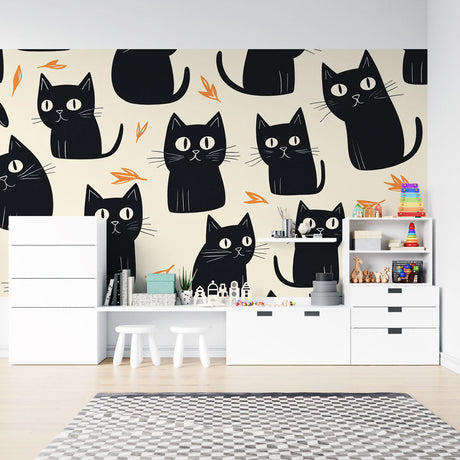 Modern Cat Wallpaper with black felines and orange leaves displayed in a bright Scandinavian living room setting