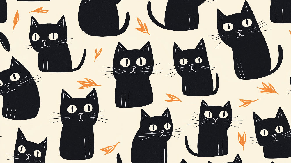 Black cat wallpaper design file showing pattern of minimalist felines with orange leaves on cream background