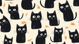 Black cat wallpaper design file showing pattern of minimalist felines with orange leaves on cream background