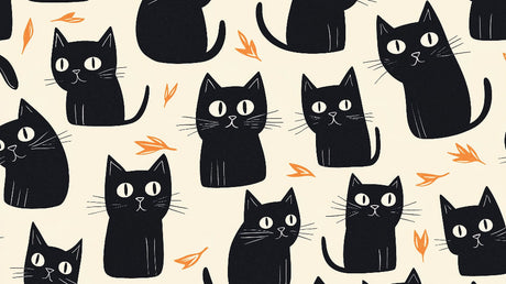 Black cat wallpaper design file showing pattern of minimalist felines with orange leaves on cream background