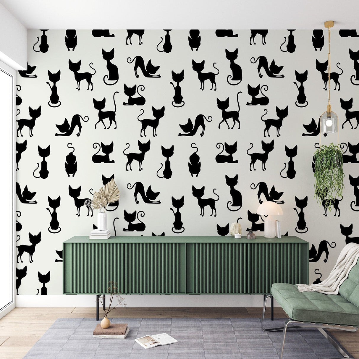 Modern Cat Pattern Wallpaper creating a striking feature wall in a minimalist living room with white furniture