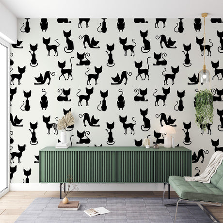 Modern Cat Pattern Wallpaper creating a striking feature wall in a minimalist living room with white furniture