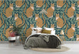 Elegant Cat Pattern Wallpaper creating a cozy atmosphere in a modern living room with green and gold accents