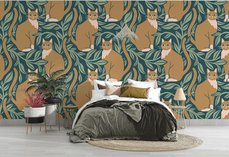 Elegant Cat Pattern Wallpaper creating a cozy atmosphere in a modern living room with green and gold accents