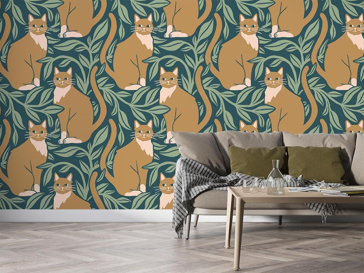 Botanical Cat Wallpaper bringing warmth to a home office with natural lighting and minimalist furniture