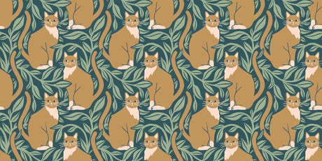 Green and gold cat pattern design file showing detailed botanical elements and feline motifs