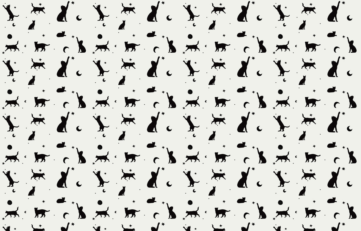Cat silhouette wallpaper design file showing black cats and celestial elements on white background